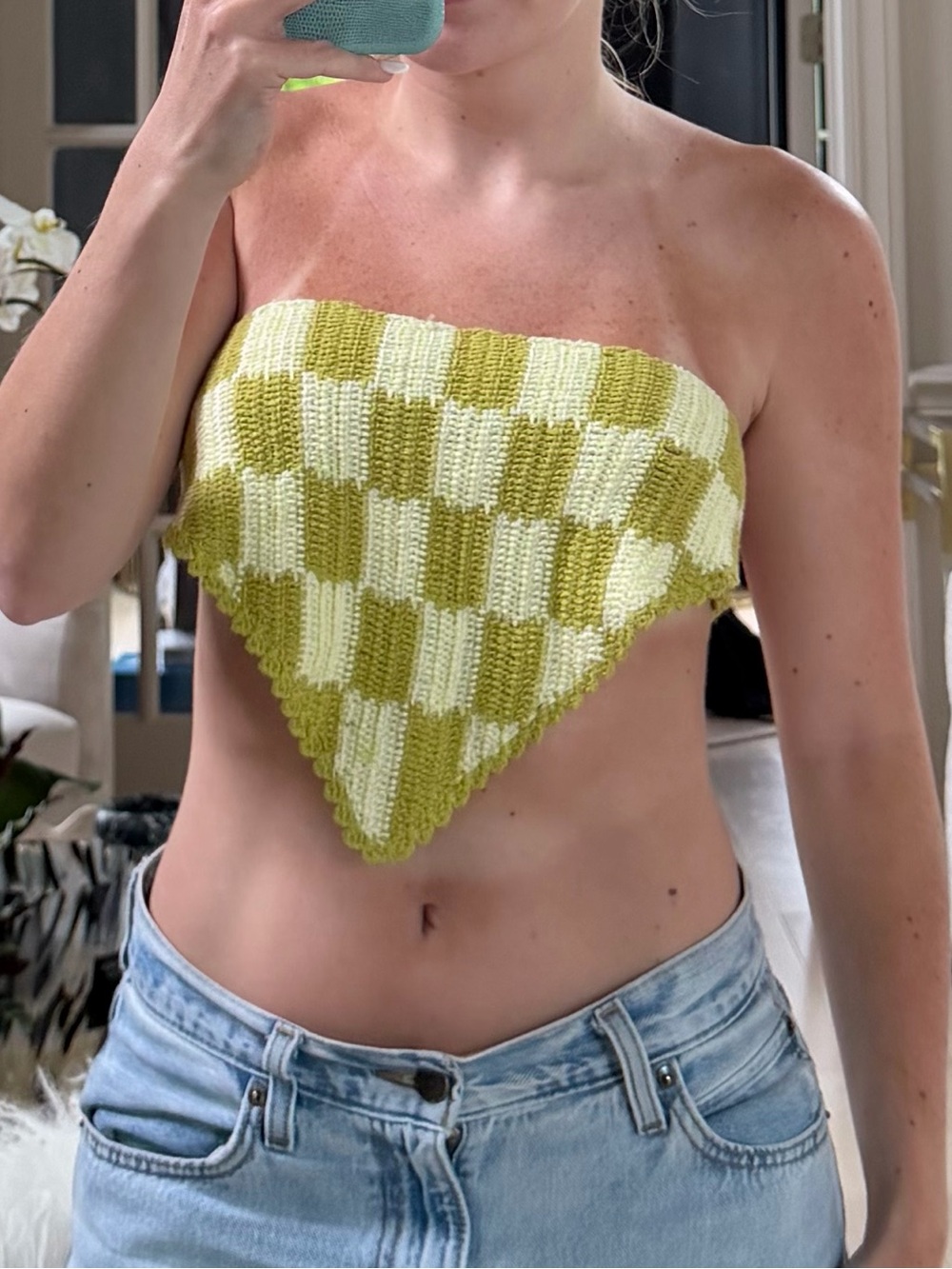 NWT SOI Studio Cropped Checkered Bandana Top, Size XS